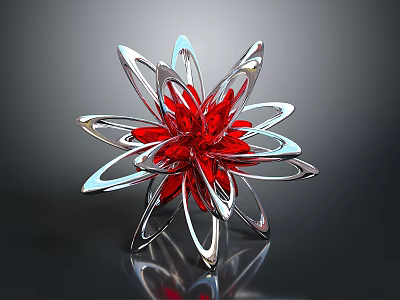 Modern Flower Shaped Decorative Sculpture With Silver Metallic Petals And Red Center 3d model