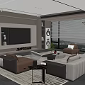 Modern Living Room Interior With Sectional Sofa Round Coffee Table Area Rug And Large Windows