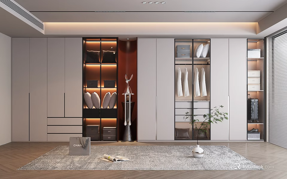 Modern Wardrobe Design With Glass Doors Built In Lighting And Storage Compartments 3d model 