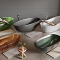 Freestanding Oval Bathtubs in Various Colors with Side Tables and Plants