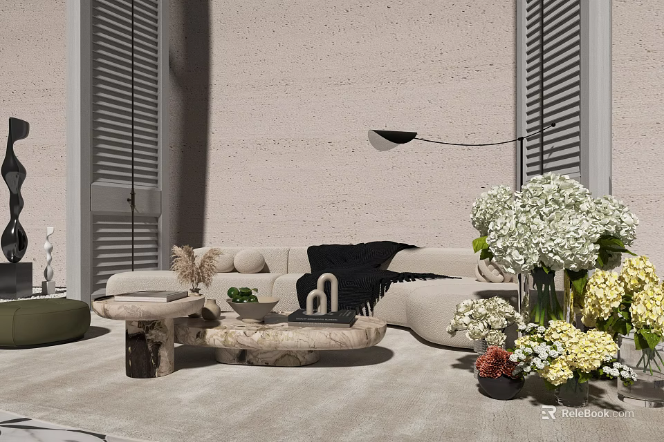 Modern Living Room Beige Sofa Coffee Table Set With Green Plants And Floor Lamp 3d model 