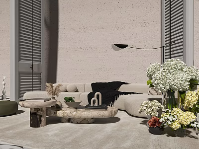 Modern Living Room Beige Sofa Coffee Table Set With Green Plants And Floor Lamp 3d model
