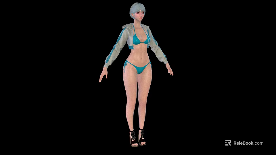Woman With Short Gray Hair In Blue Bikini Gray Hooded Jacket Wearing Black High Heels 3d model 