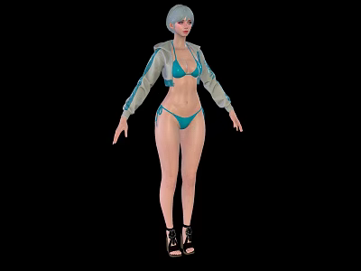 Woman With Short Gray Hair In Blue Bikini Gray Hooded Jacket Wearing Black High Heels 3d model