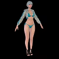 Woman With Short Gray Hair In Blue Bikini Gray Hooded Jacket Wearing Black High Heels