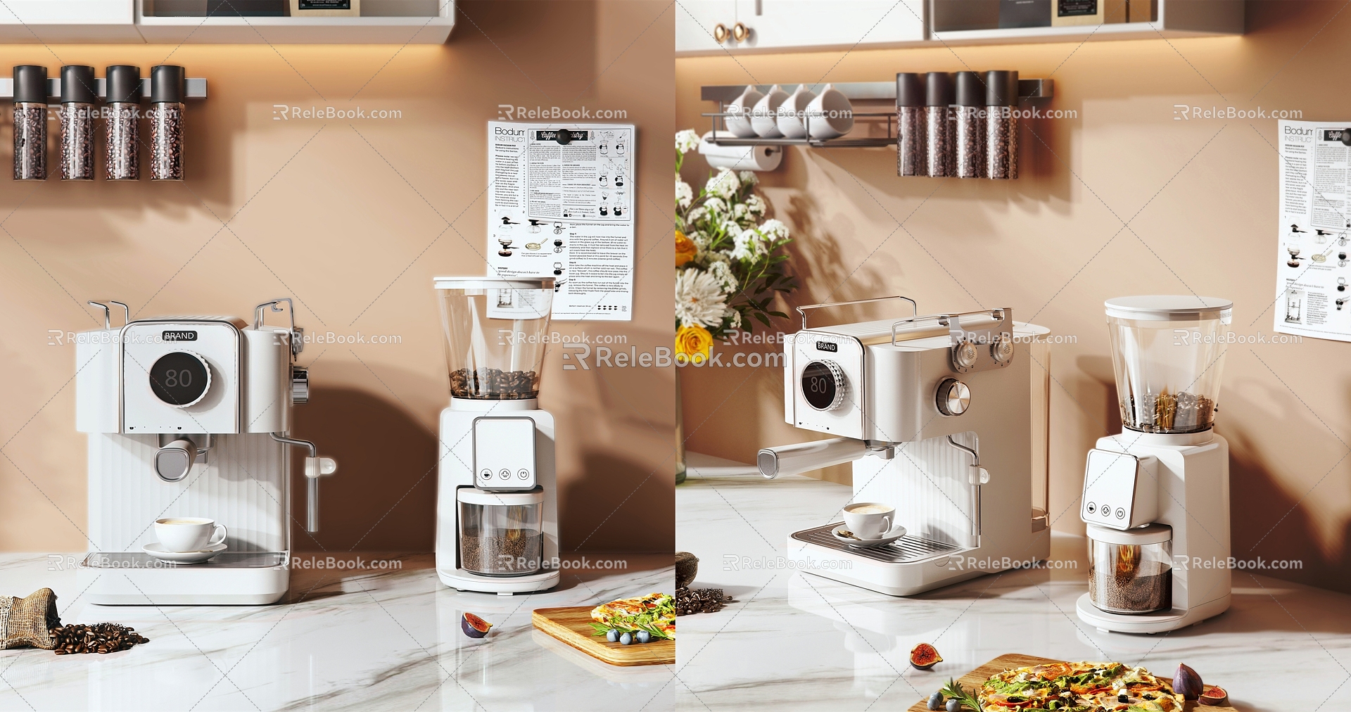 Coffee Machine Tableware Food Bread Pizza Flowers 3d model