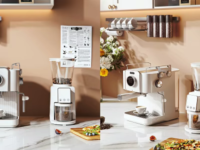 Elegant White Kitchen Appliances With Coffee Machine Grinder And Marble Countertop Flower Bouquet 3d model