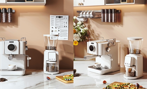 Coffee Machine Tableware Food Bread Pizza Flowers 3d model