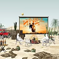 Desert Camping Site With Outdoor Movie Screen Cacti And Seating Area