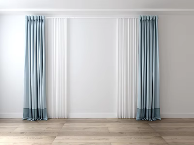 Light Blue and White Curtains in Room with White Walls and Wooden Floor 3d model