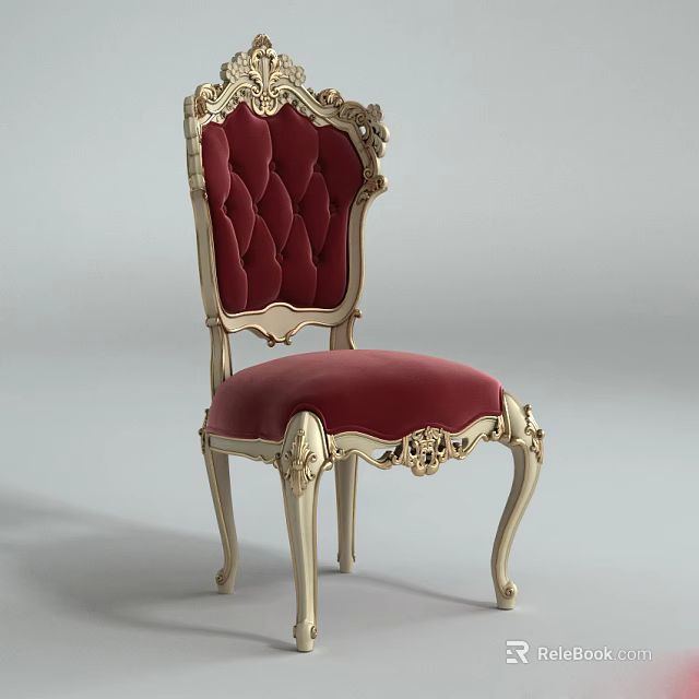 European Style Dining Chair with Ornate Carved Frame and Red Velvet Backrest Seat 3d model 