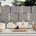 White Modular Outdoor Sofa With Green Plants Gray Stone Wall And Coffee Table