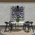 Round White Dining Table Set With Black Chairs Gold Legs Hanging Lamp And Woven Rug
