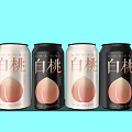 Refreshing White Peach Beverage Cans in White and Black on Light Blue Background