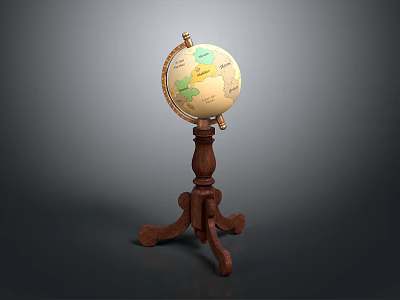 Vintage Globe With Wooden Tripod Stand And Detailed Map Surface 3d model