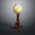 Vintage Globe With Wooden Tripod Stand And Detailed Map Surface