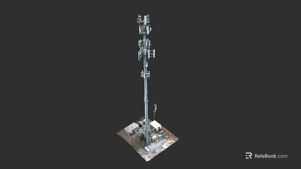 Tall Public Communication Tower Facility With Multiple Antennas And Base Equipment 3d model 