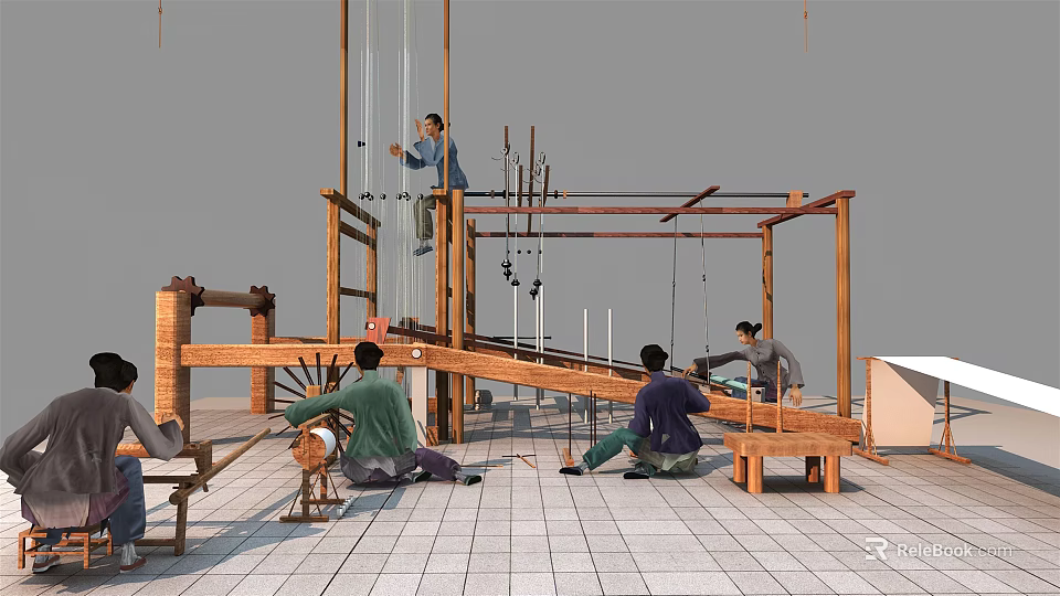 Traditional Industrial Equipment With Workers Operating Wooden Mechanical Structure and Collaborative Manual Operation 3d model 