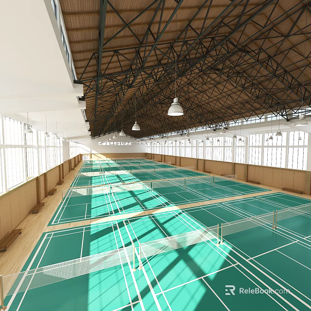 Indoor Badminton Courts Featuring Multiple Green Courts Wooden Floor Large Windows And Metal Roof 3d model 