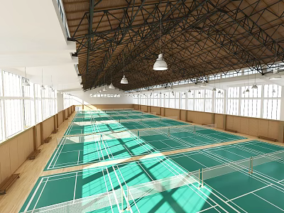 Indoor Badminton Courts Featuring Multiple Green Courts Wooden Floor Large Windows And Metal Roof 3d model