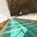 Indoor Badminton Courts Featuring Multiple Green Courts Wooden Floor Large Windows And Metal Roof