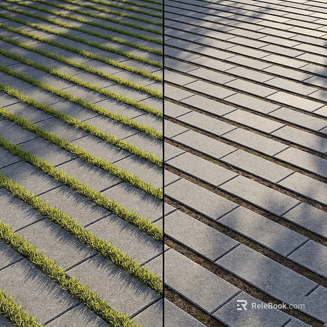 Striped Pattern Ground Design Featuring Grass Strips And Gray Stone Slabs 3d model