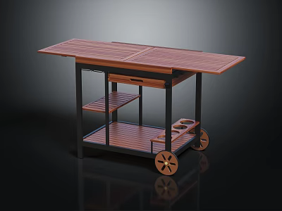 Wooden Serving Cart With Wheels Multi Tiered Structure Top Panel Lower Shelf And Small Drawer 3d model