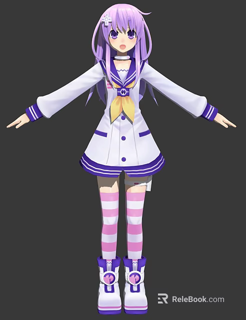 Game Anime Character in Purple White Uniform with Yellow Bow and Pink Striped Stockings 3d model 