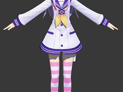 Game Anime Character in Purple White Uniform with Yellow Bow and Pink Striped Stockings 3d model