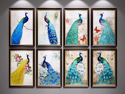 Colorful Peacock Animal Paintings with Various Poses Framed Artworks and Decorative Elements 3d model