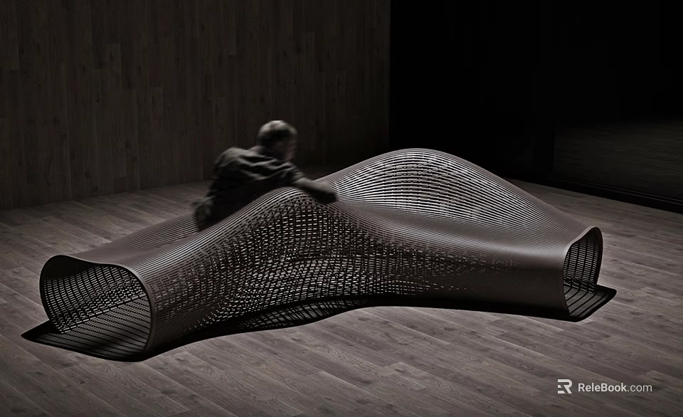 Modern Unique Shaped Sofa Interior With Black Mesh Texture And Wavy Design On Wooden Floor 3d model 