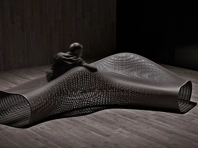 Modern Unique Shaped Sofa Interior With Black Mesh Texture And Wavy Design On Wooden Floor 3d model