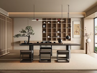 Zen Tea Room Interior Design Featuring Long Wooden Table Stools And Potted Pine Tree 3d model