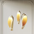 Three Modern Shell Shaped Pendant Lights With Warm Yellow Glow In Minimalist Interior 3d model