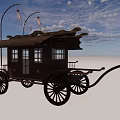 Traditional Chinese Carriage With Ornate Roof Wooden Structure Windows And Large Wheels