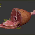 Fresh Ham Leg with Sliced Portions and Green Leaves on Dark Surface