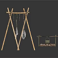 Modern Outdoor Setup With Bamboo Clothes Drying Rack Hanging Items And Stone Fire Pit 3d model