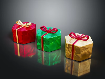 Colorful Decorative Gift Boxes Red Green Gold with Red Ribbons and Shiny Reflections 3d model