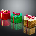 Colorful Decorative Gift Boxes Red Green Gold with Red Ribbons and Shiny Reflections