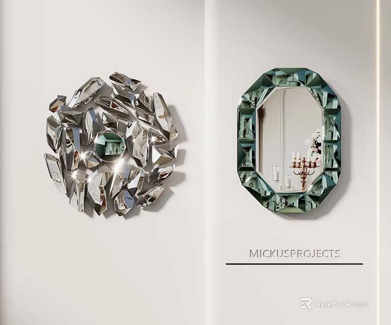 Stylish Decorative Wall Mirrors With Silver Geometric And Green Oval Frame Designs 3d model 
