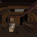 Modern Restaurant Interior With Wooden Bar Stools Arched Design And Skylight Ceiling