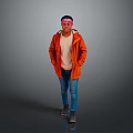 Man Wearing Orange Jacket Beige T-shirt Blue Jeans And Bandana Standing On Gray Background