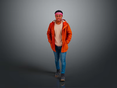 Man Wearing Orange Jacket Beige T-shirt Blue Jeans And Bandana Standing On Gray Background 3d model