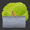 Orange Cat Doll With Big Eyes Sitting On Table Against Green Leaf Wall