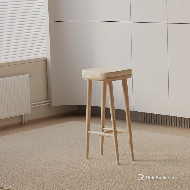 Modern Interior With Wooden Legs Bar Stool Beige Padded Seat White Cabinets Window Blinds 3d model 