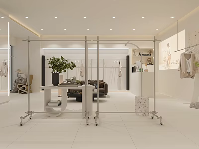 Modern Clothing Store Interior With Metal Racks Sofa Plant Displayed Clothes And Bright Lighting 3d model