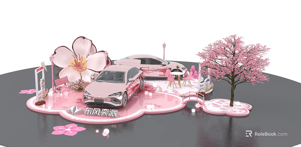 Pink Cherry Blossom Check in Photo Spot With Decorative Car And Scenic Setup 3d model