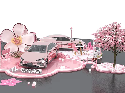 Pink Cherry Blossom Check in Photo Spot With Decorative Car And Scenic Setup 3d model