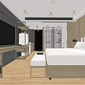 Modern Hotel Guest Room With Wooden Wall Panels Bed And Open Bathroom Area