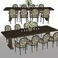 Elegant Dining Table Set With Wooden Table Patterned Chairs And Decorative Vases 3d model